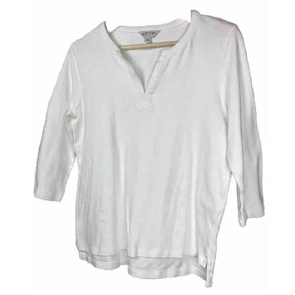Orvis Top Elbow Sleeve T Shirt V Neck White Cotton Tee Small Logo Classic Preppy - Picture 1 of 4